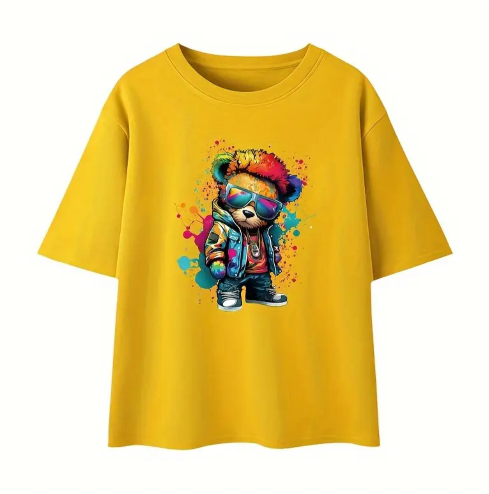Boy colorful bear shirt.