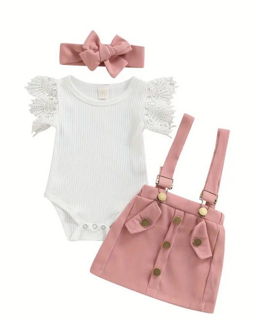 Girls cute suspender skirt three piece set