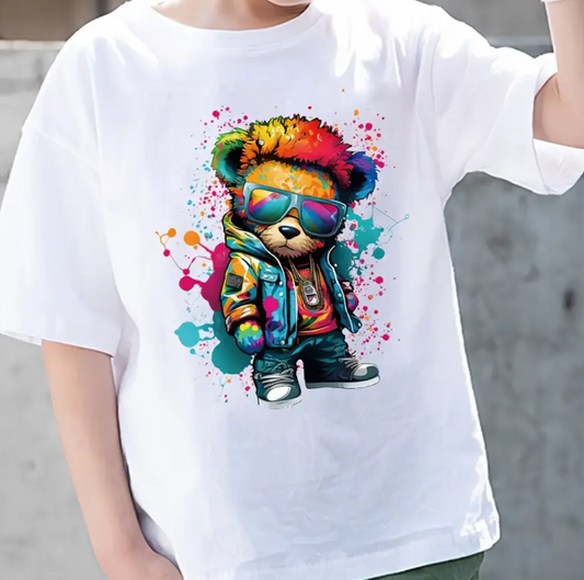 Boy colorful bear shirt.